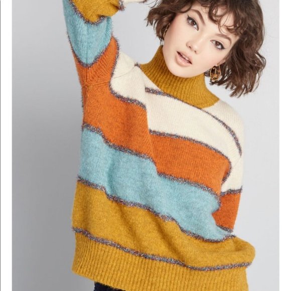Modcloth Sweaters - Hints of Glitter Striped Mock Neck Sweater